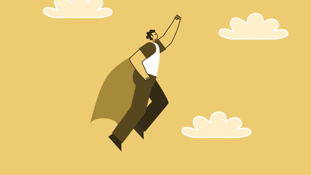 estilo hombre amarillo personaje plano vuela superhéroe. animación de bucle aislado con asuntos alfa