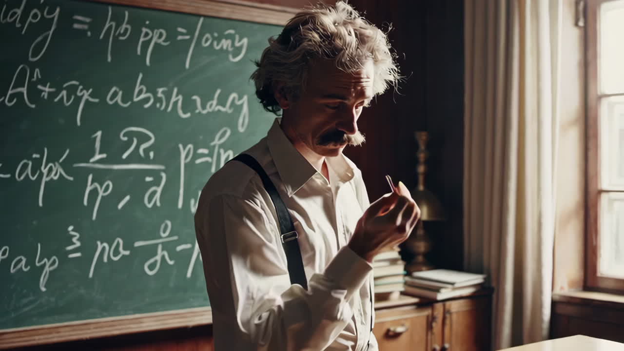 Professor Studying Equations on a Chalkboard in Vintage Classroom