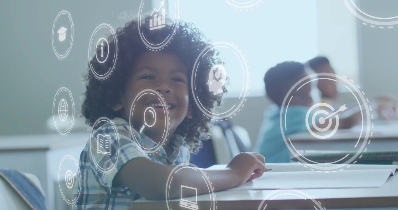 Front-row student straightening, smiling upon overlay icons appearing, drifting, showing focus