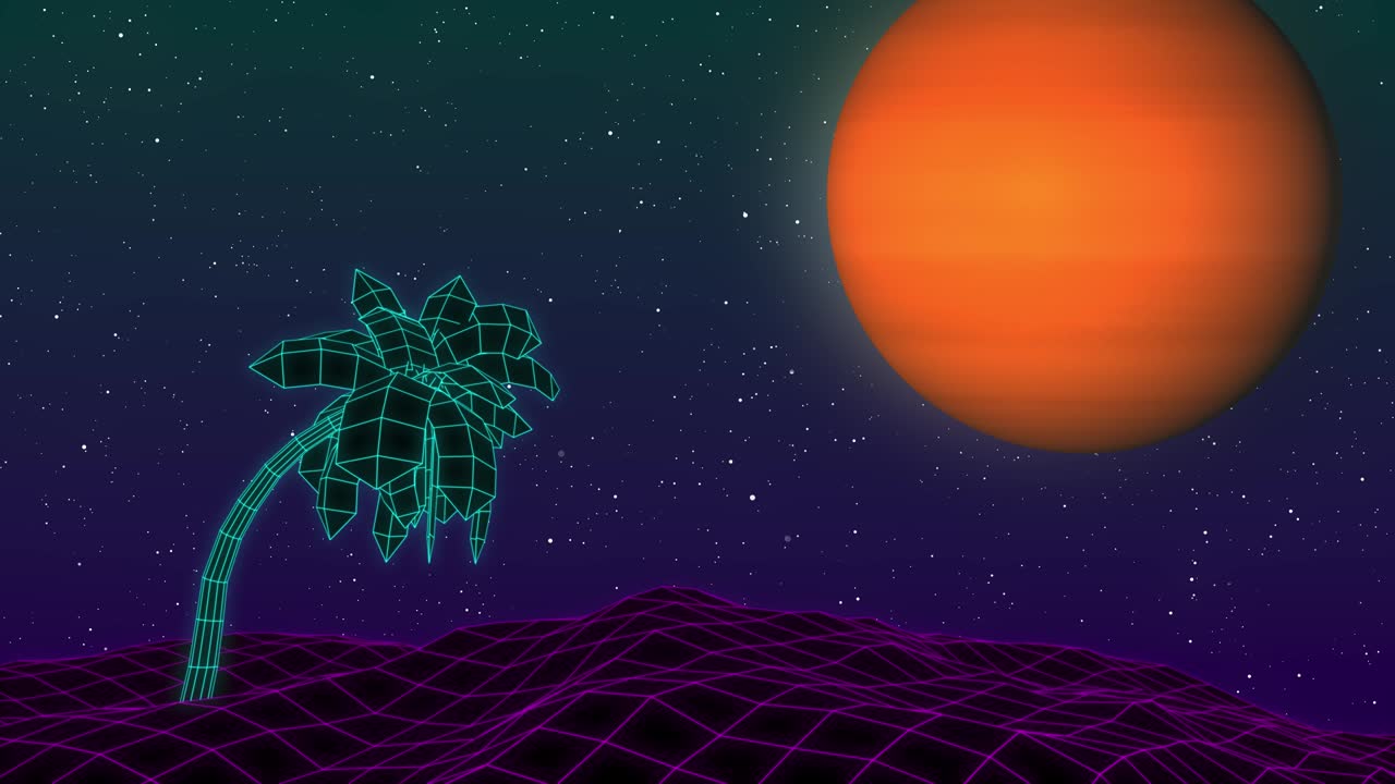 palmera de neón en el fondo del suelo de la cuadrícula púrpura. onda de vapor de retroonda