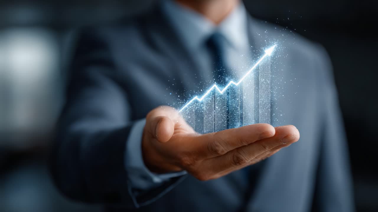 Illustrating Financial Growth: A Professional in a Suit Holds a Transparent Graph That Represents an Upward Trend in Performance Metrics and Economic Success