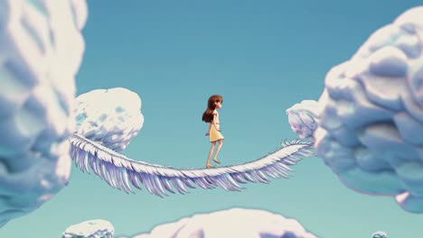 young girl is carefully walking on a giant feather bridge connecting two fluffy white clouds in a dreamy, ethereal sky, creating a surreal and imaginative scene