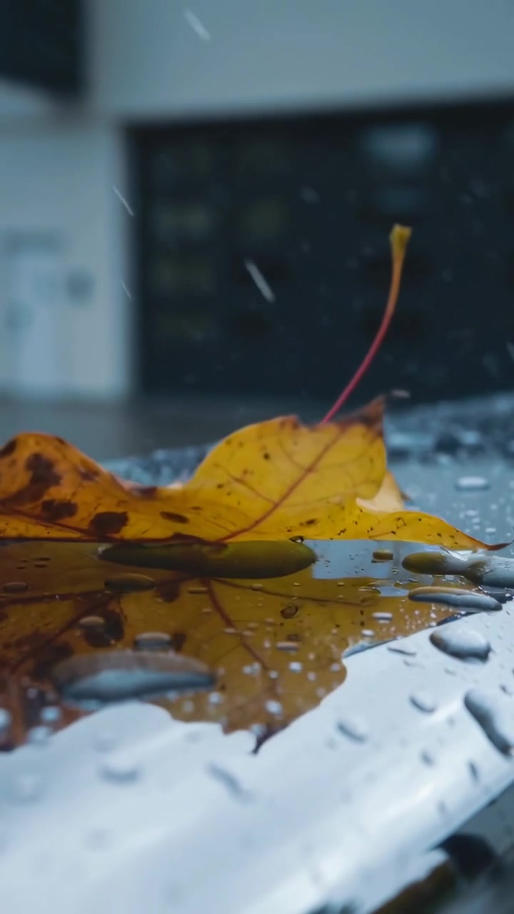 Vertical video: Falling orange leaf settling on wet car hood from rain, drops moving