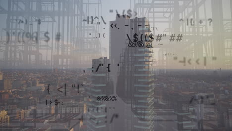 animation of connections with icons and data processing over cityscape