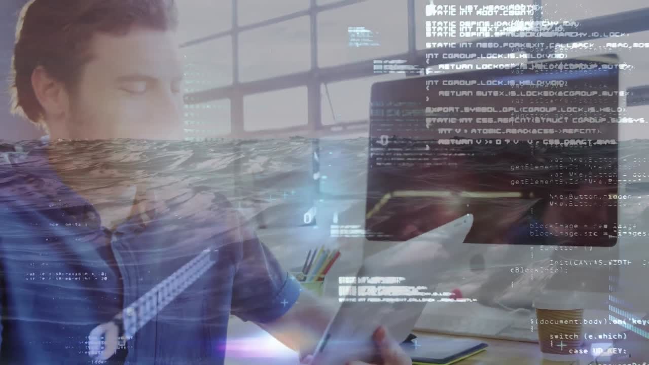 animación del procesamiento de datos sobre un hombre de negocios caucásico que usa una tableta