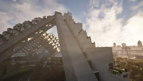 futuristic brutalist cityscape at sunrise