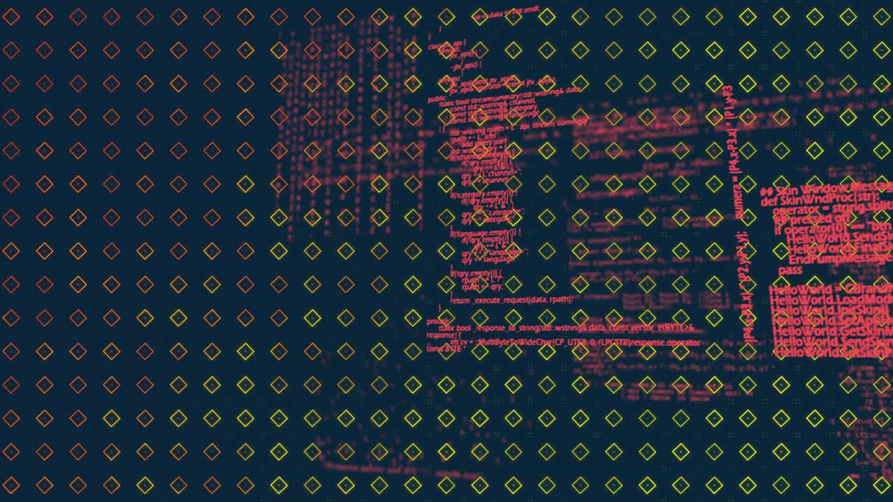 Upon launch displaying red code under diamond grid transforming into square grid visualizing data