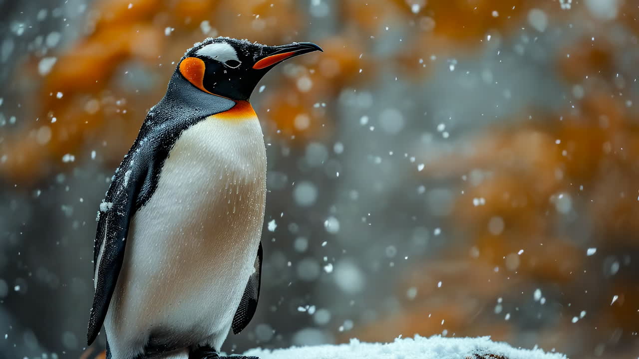 Penguin in winter snow. A penguin is standing on a snowy surface while snowflakes fall around it, surrounded by blurred autumn trees