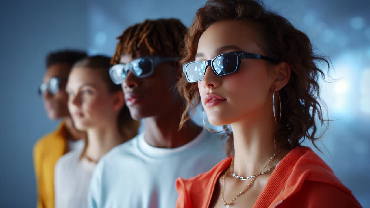 A Group of Stylish Individuals Showcasing Trendy Sunglasses in a Modern Setting, Emphasizing Youthful Fashion and Personality, Highlighting Individualism Through Unique Styles and Postures, Captured in a Dynamic Frame