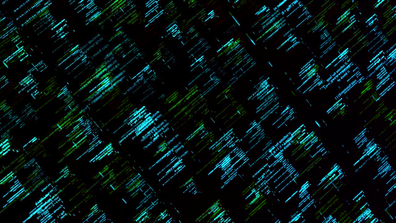 Abstract details of computer language, lines flowing on black background, seamless loop. Animation. Programming code elements on computer screen