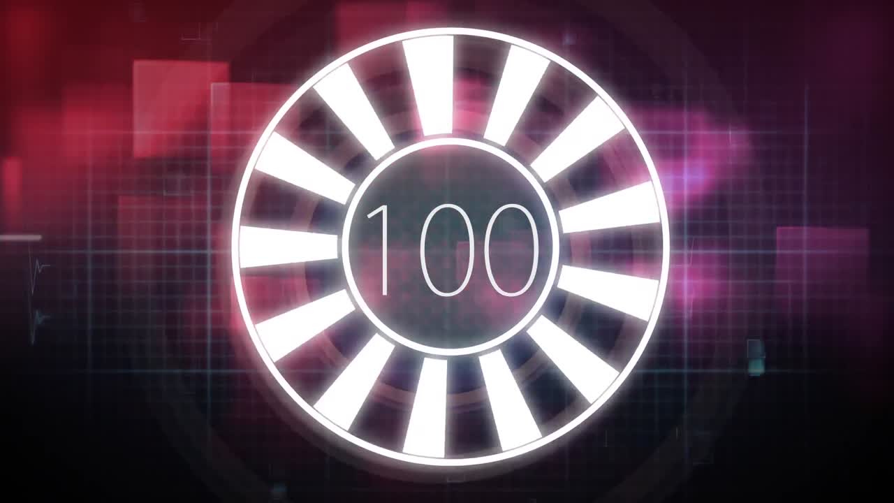 animación de un círculo iluminado con giro de contador y electrocardiógrafo sobre patrón de cuadrícula.