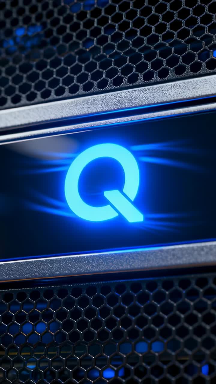 Vertical video: Powering up glossy panel showing pulsing blue Q logo at grille indicating status