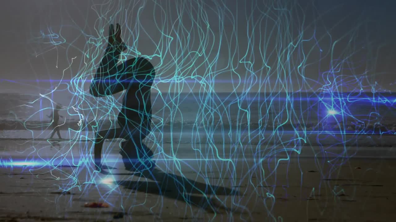 animación de líneas azules sobre mujer caucásica practicando yoga en la playa