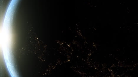 formato vertical: una representación cinematográfica del planeta tierra durante el amanecer como vista desde el espacio con una vibrante atmósfera de cielo azul