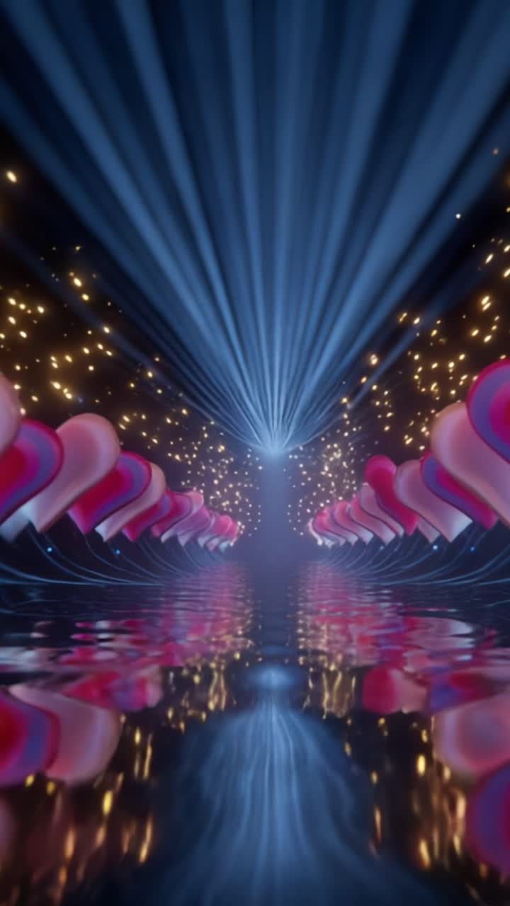 Un viaggio affascinante attraverso un tunnel onirico di cuori e luci, che cattura l'essenza dell'amore e della passione in un paesaggio vibrante e surreale.