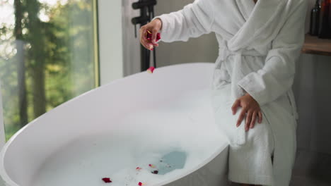 woman throws rose petals into bathtub closeup. lady in fluffy bathrobe pours flowers into hot foamy water for bathing in hotel room. spa resort service