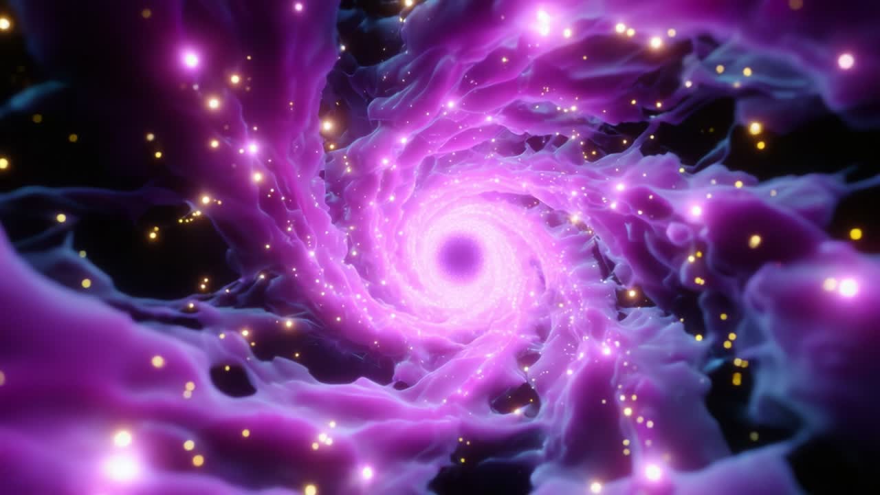 En fascinerende rejse gennem en levende kosmisk hvirvel, der viser en fantastisk repræsentation af en lilla vortex oplyst af funklende stjerner, hvilket skaber en fortryllende visuel oplevelse, der minder om en fantastisk rumfortælling.