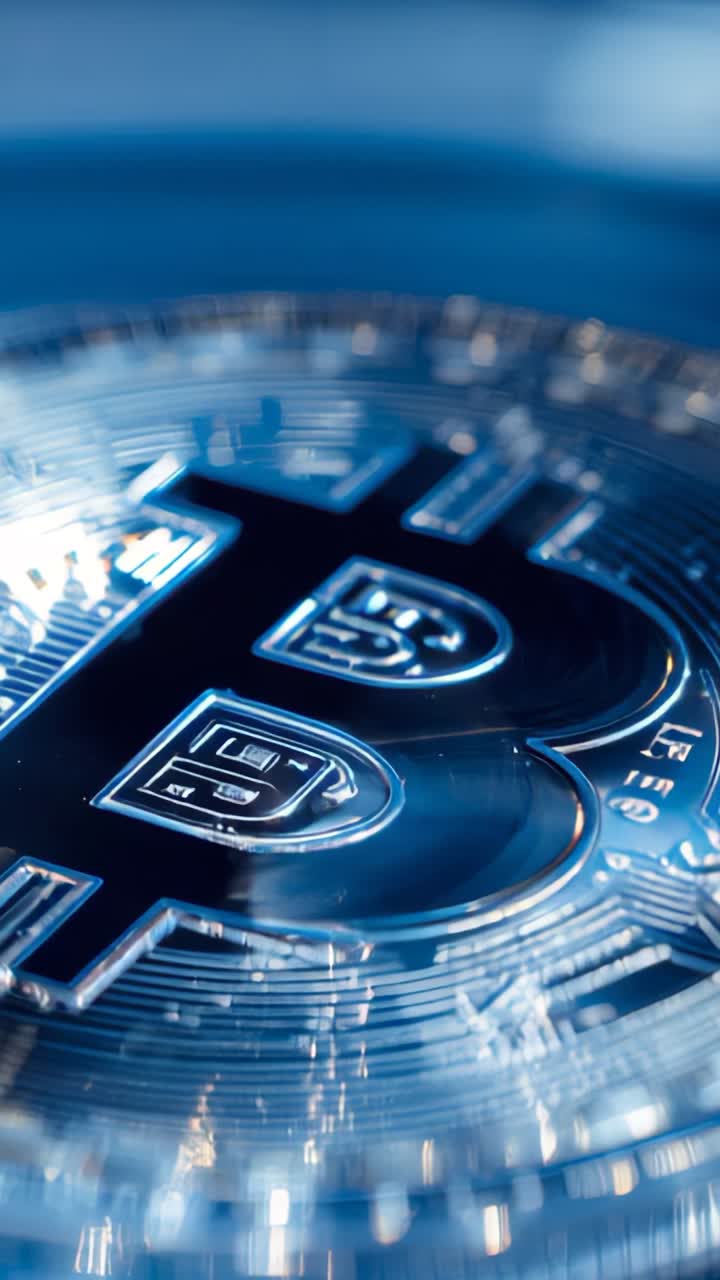 Vertical video: Starting camera panning Bitcoin coin with B emblem in studio, revealing circuitry