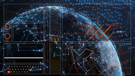 animation of digital globe with network connections and data processing interface