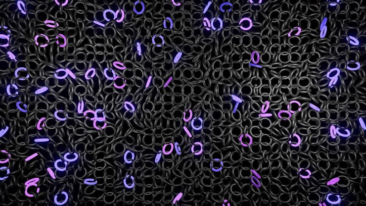 abstract festive background with rows of toruses or rings on plane flashing neon multicolored light randomly. Black rings rotating in the air. Loop beautiful bg in 4k. Smooth wiggling animation