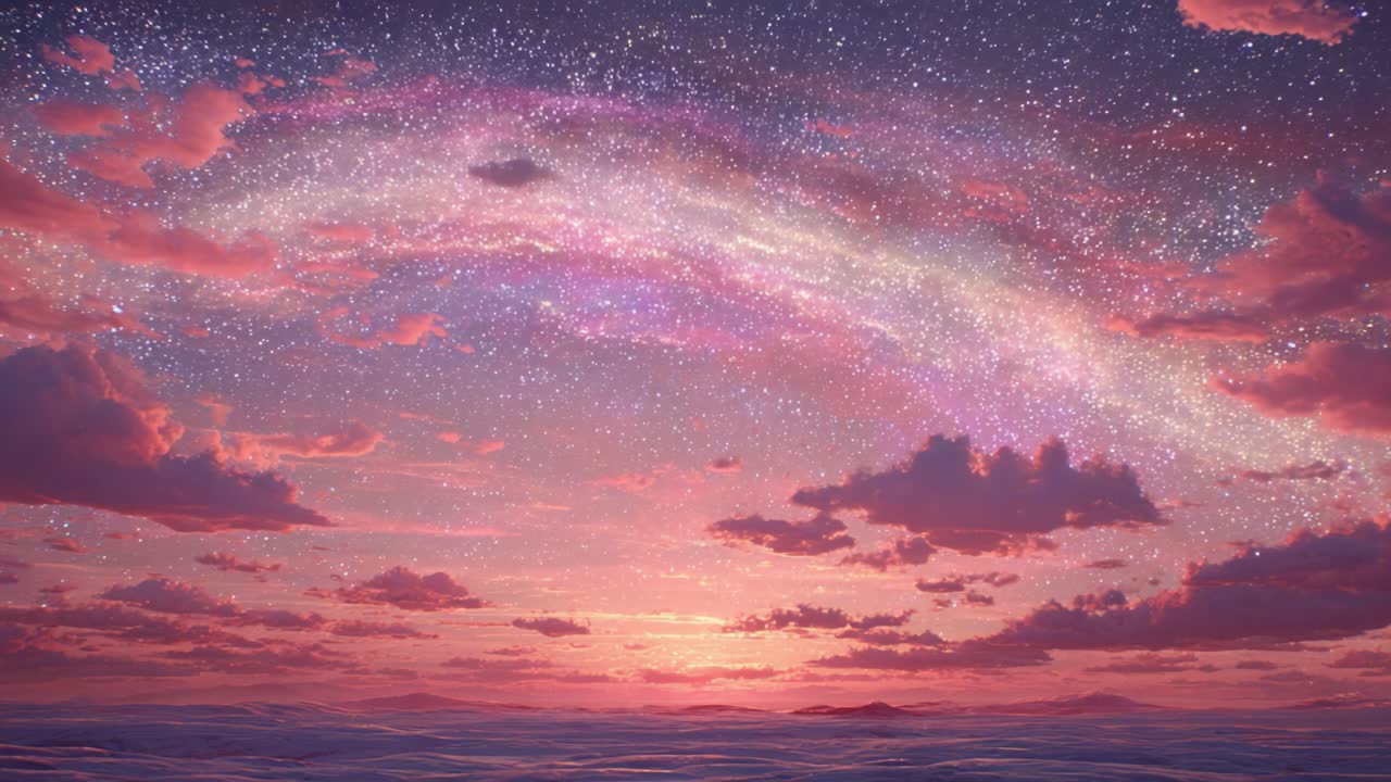 A Mesmerizing Sunset Over a Starlit Sky, with Ethereal Hues of Pink and Purple Blending, Creating a Serene Atmosphere for Reflection and Inspiration