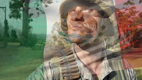 Digital-composition-of-waving-mexico-flag-against-soldier-holding-a-gun-at-training-camp