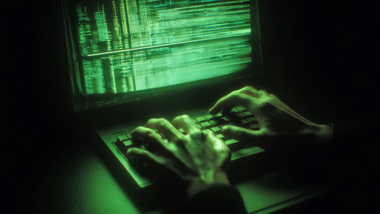In a dimly lit environment, a pair of skeletal hands skillfully type on a keyboard, showcasing the eerie glow of green computer code cascading down a monitor, hinting at a digital world filled with secrets and intrigue