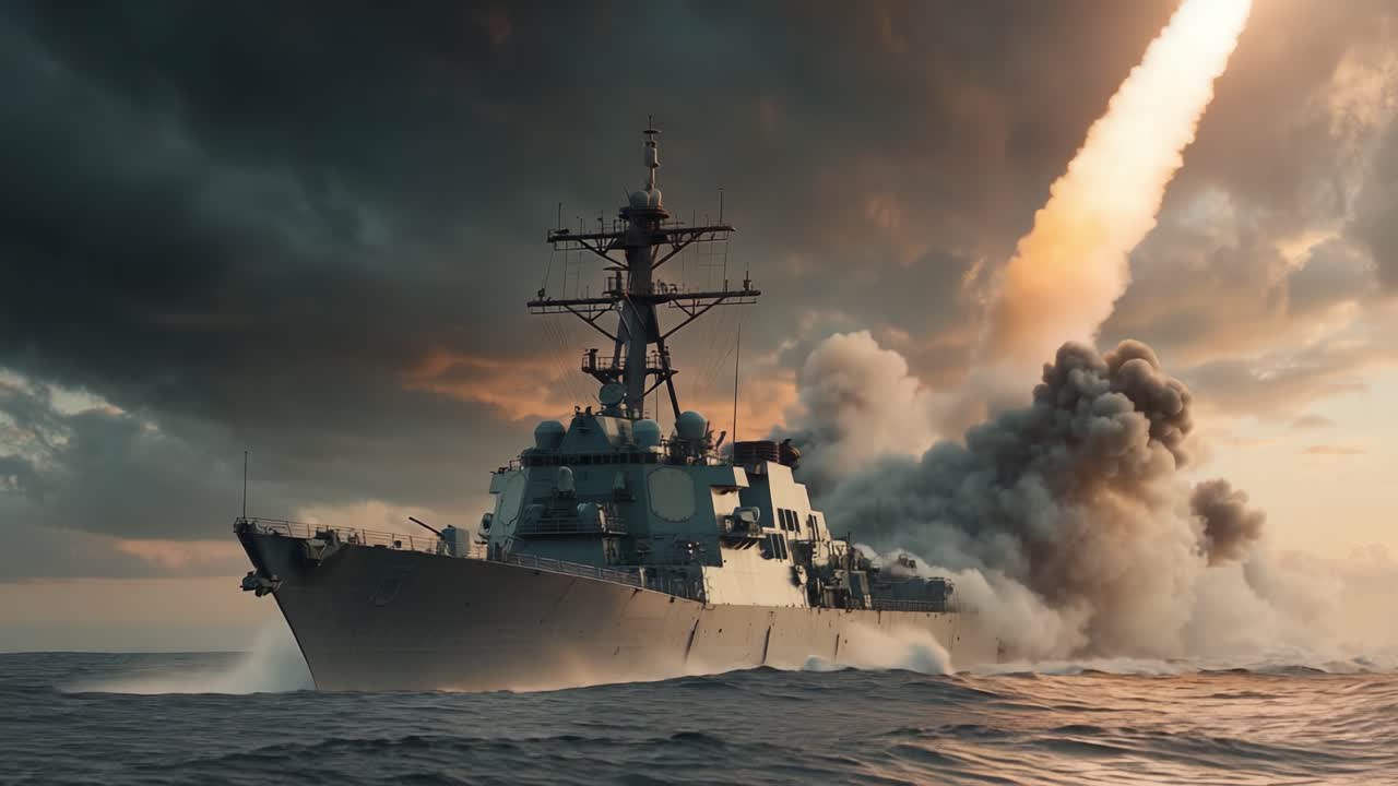 Een krachtige marinefregat lanceert een raket te midden van dramatische wolken en oceaangolven, wat geavanceerde militaire technologie demonstreert in een opvallende maritieme omgeving.