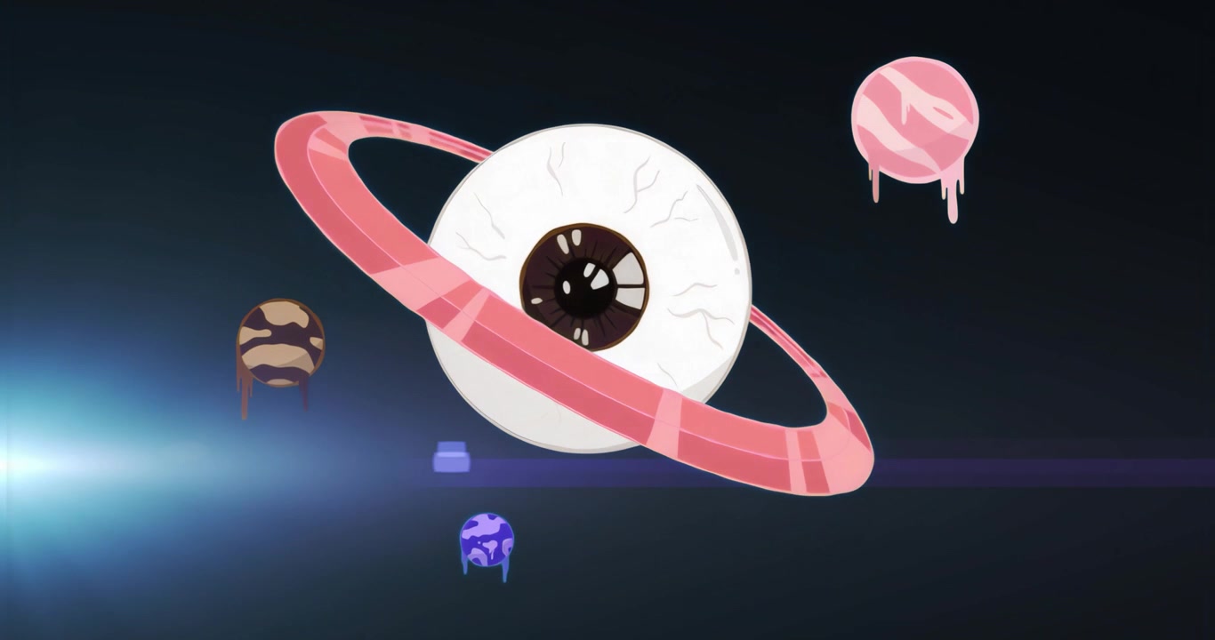 Lens flare pulsing causing pink ring circling eyeball exposing veins and spheres dripping orbiting