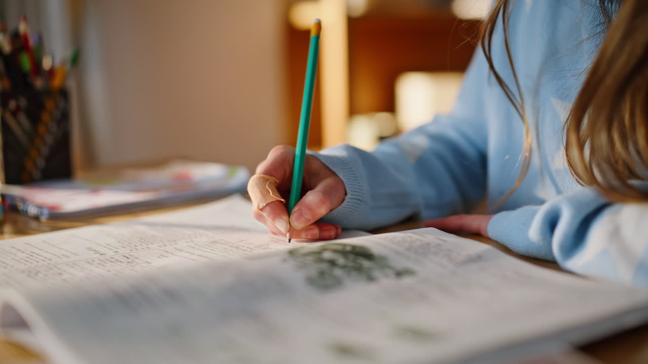 Schoolgirl hand writing pencil notebook home closeup. Student learning homework