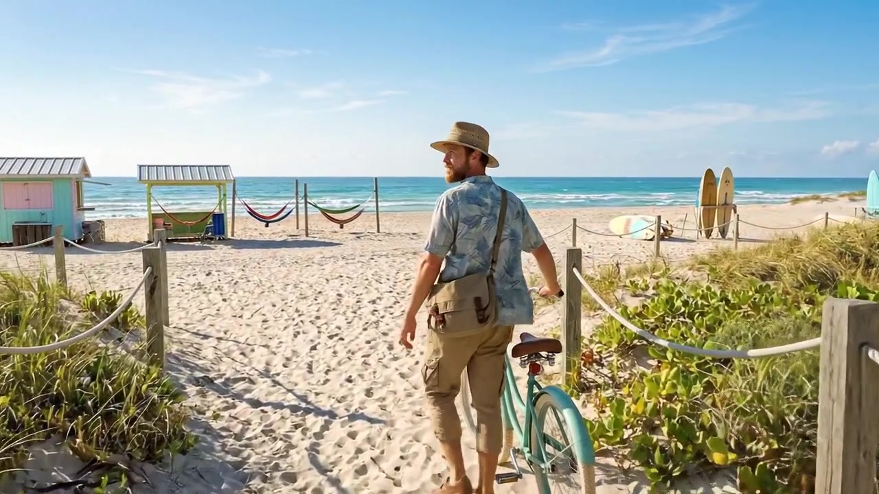 Uomo che cammina con la bicicletta su un sentiero sabbioso verso una spiaggia tropicale
