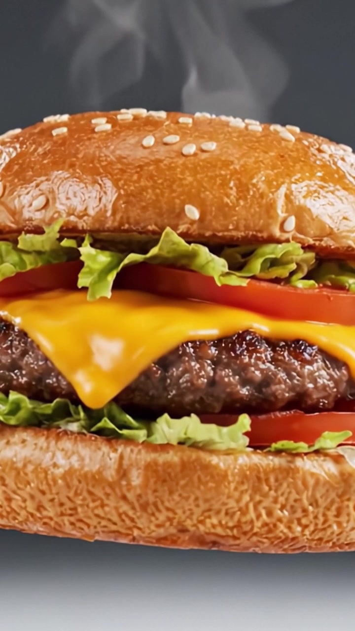Un cheeseburger deliziosamente impiattato con lattuga fresca, pomodoro e un succulento tortino di manzo, catturato in una splendida presentazione fluttuante.