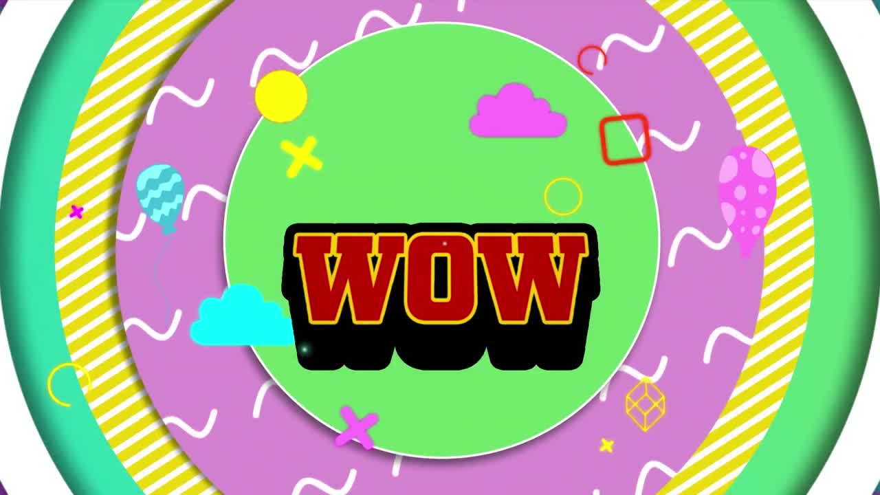 추상적인 원 패턴 위에 와우 텍스트의 애니메이션