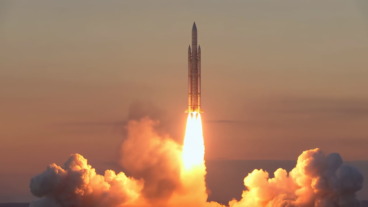 Sunset Rocket Launch Lifting From Pad, Dramatic Flames And Thick Smoke Plumes Billow Across Desert Plain