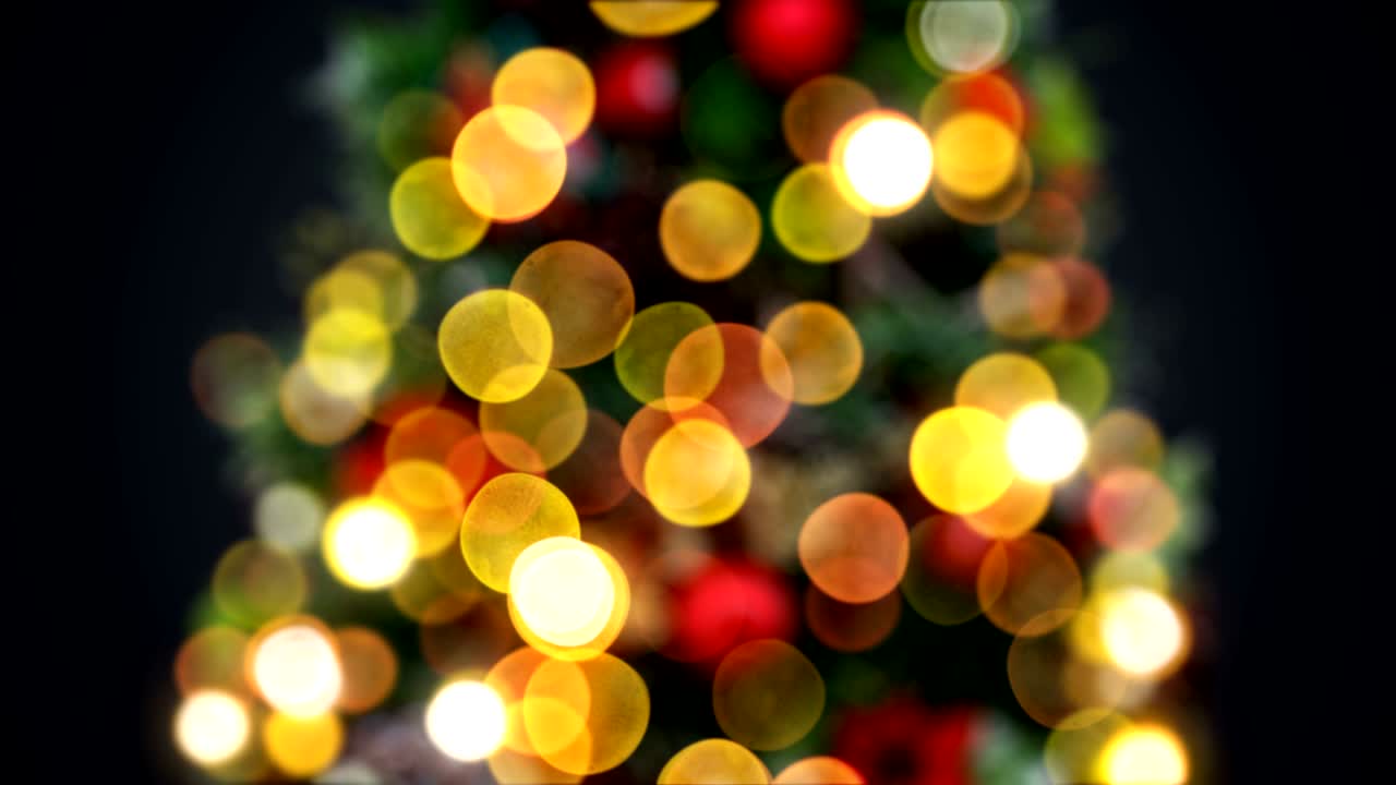 Luzes Desfocadas de Árvore de Ano Novo Piscando Sem Emendas em Fundo Preto. Animação 3D em Loop. Conceito de Feliz Natal e Feliz Ano Novo