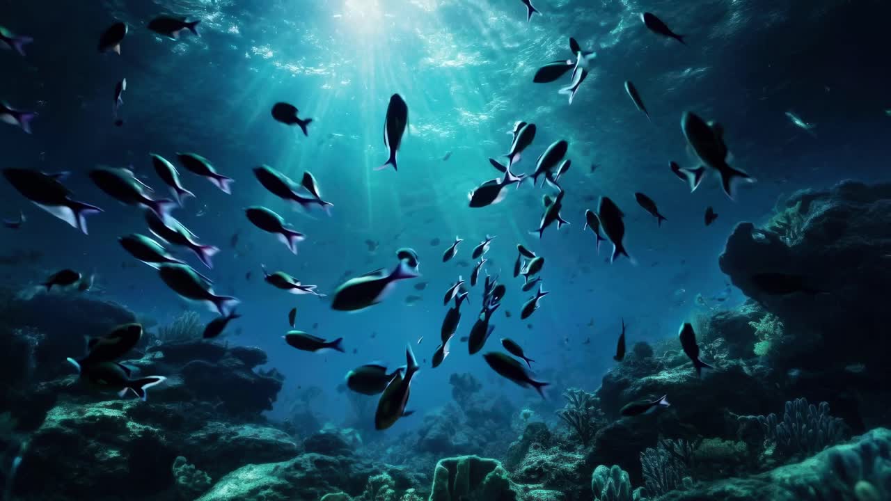 Underwater video scene with a wide-angle view of fish swimming above a coral reef