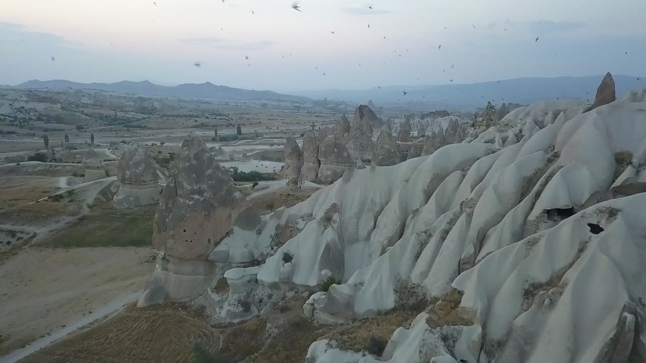 절벽 제비와 고대인들은 터키의 침식된 암석 동굴에서 살았습니다.