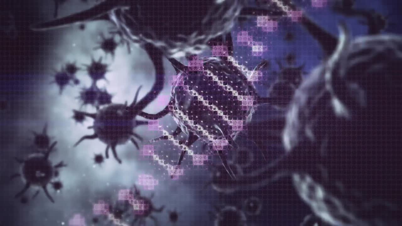 animación digital de la estructura del adn girando sobre múltiples células de covid-19 contra un fondo púrpura