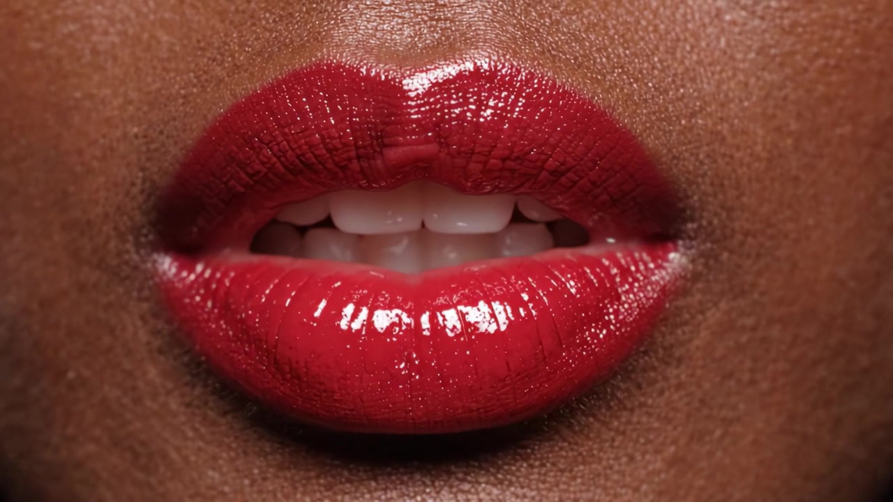 A Close-Up View of Glimmering Red Lips: An Enchanting Presentation of Vibrant Color and Texture in Beauty Artistry
