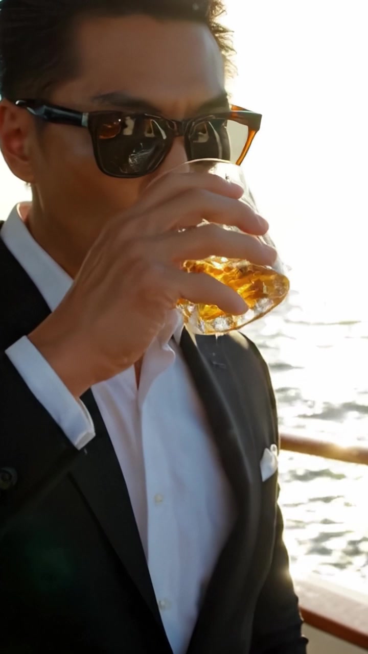 Un uomo elegante che si gode una vista mozzafiato sull'oceano con un drink rinfrescante, immortalato in due momenti sotto la luce dorata del tramonto.
