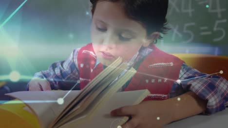 animación de un niño leyendo un libro a través de una red de conexiones en el fondo