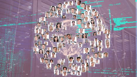 animación de iconos de perfiles de negocios en el procesamiento de datos contra la sala de servidores de computadoras