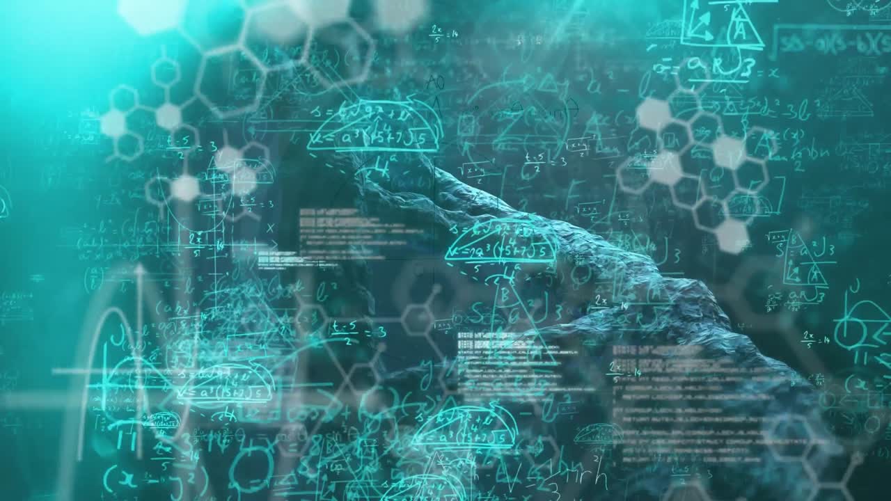 Mathematical equations and data processing against blue background