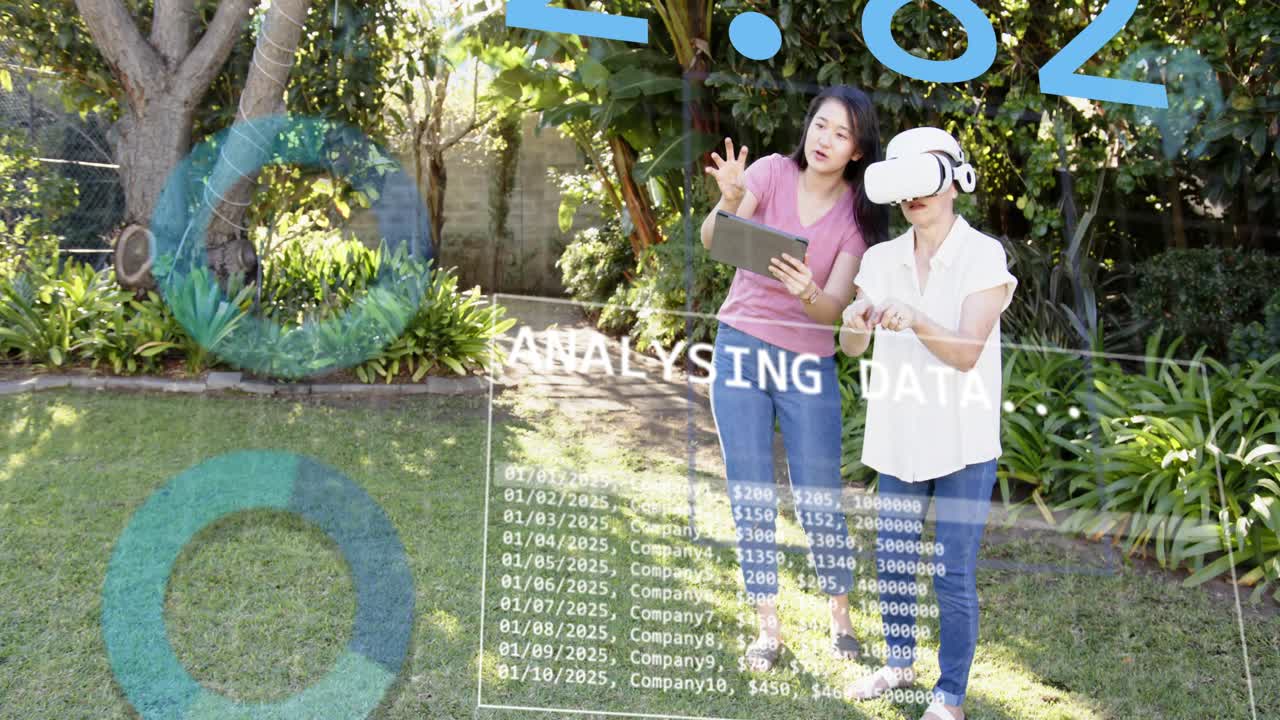 Daughter tapping tablet showing finance AR charts while mother wearing VR gesturing analysing data