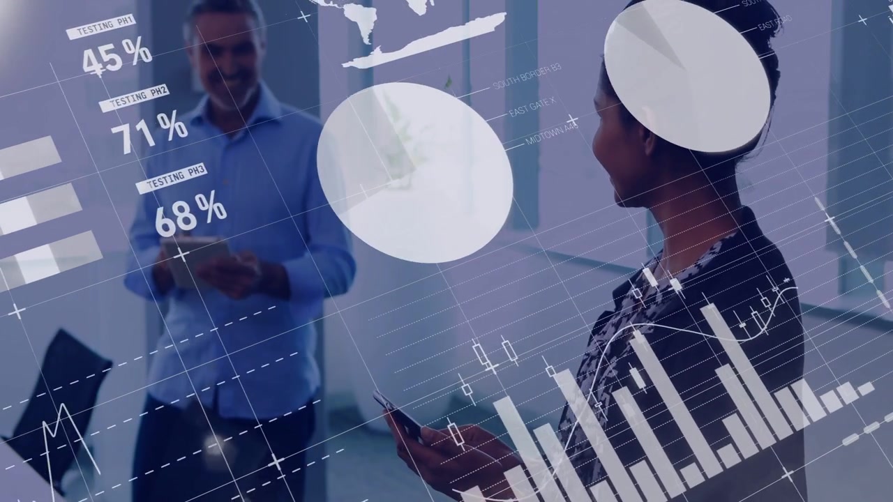 Woman tapping phone in office, animating business charts and percent for data review, man observing