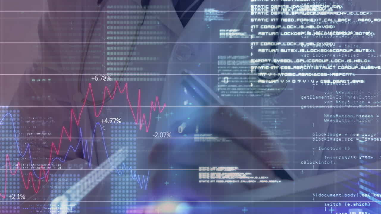 animazione di dati finanziari sulle mani di un dottore maschio caucasico