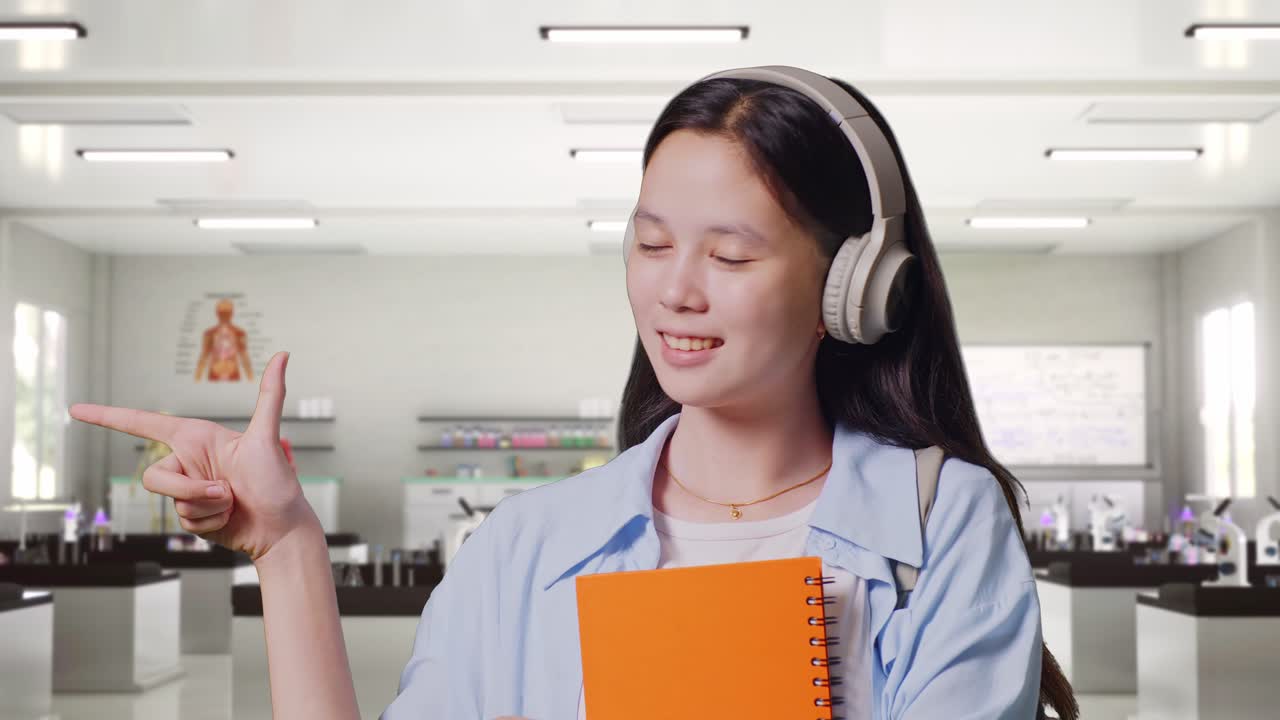 과학 실험실에 서 있는 동안 웃고 을 가리키는 뒷짐과 몇 권의 책을 가진 아시아 십대 소녀 학생의 근접 사진