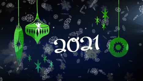 Animation-of-2021-text-over-snow-falling-and-christmas-decoration