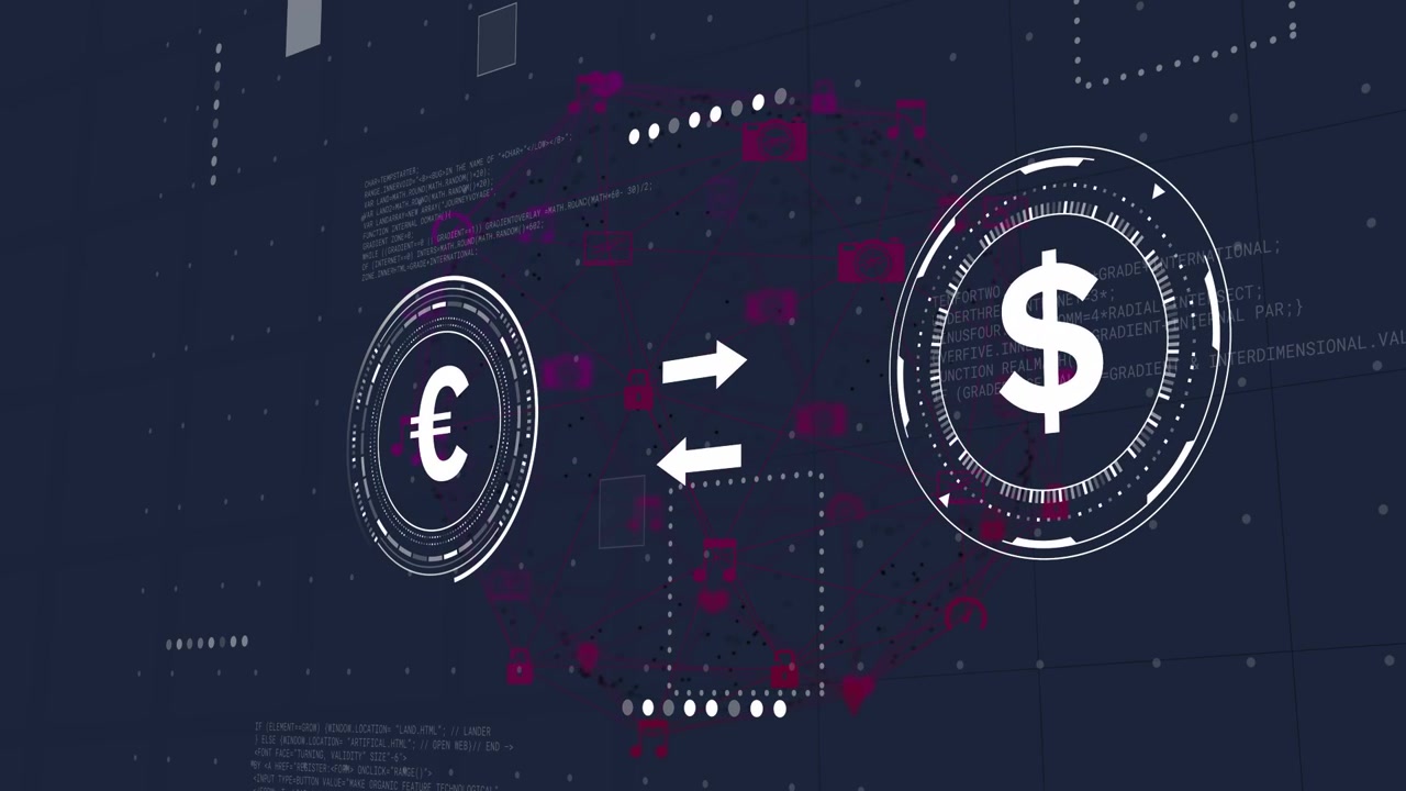 Currency HUD showing arrows appearing between euro and dollar, initiating exchange, € $ £ pulsing