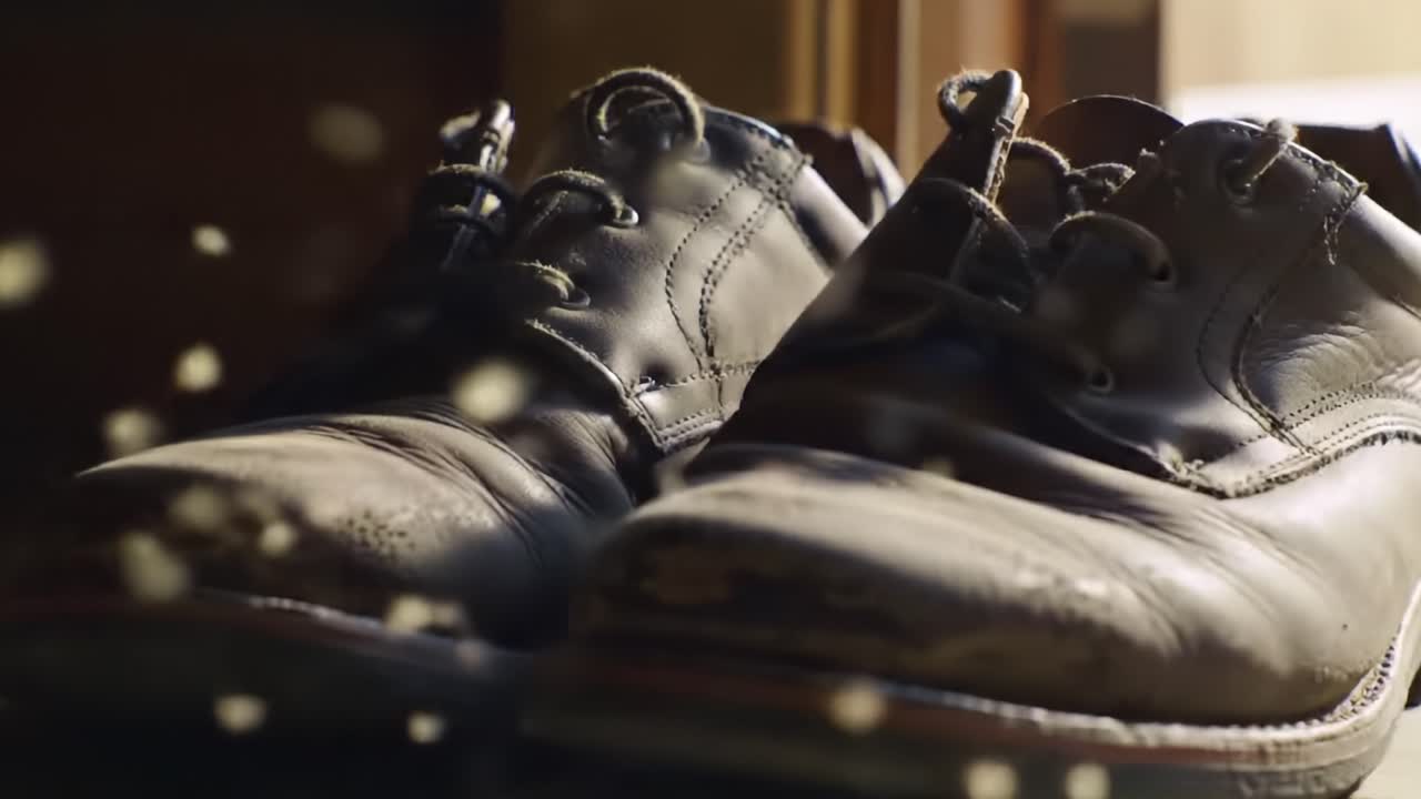 Dettaglio ravvicinato di scarpe in pelle usurate che catturano l'essenza di stile e storia in un ambiente senza tempo